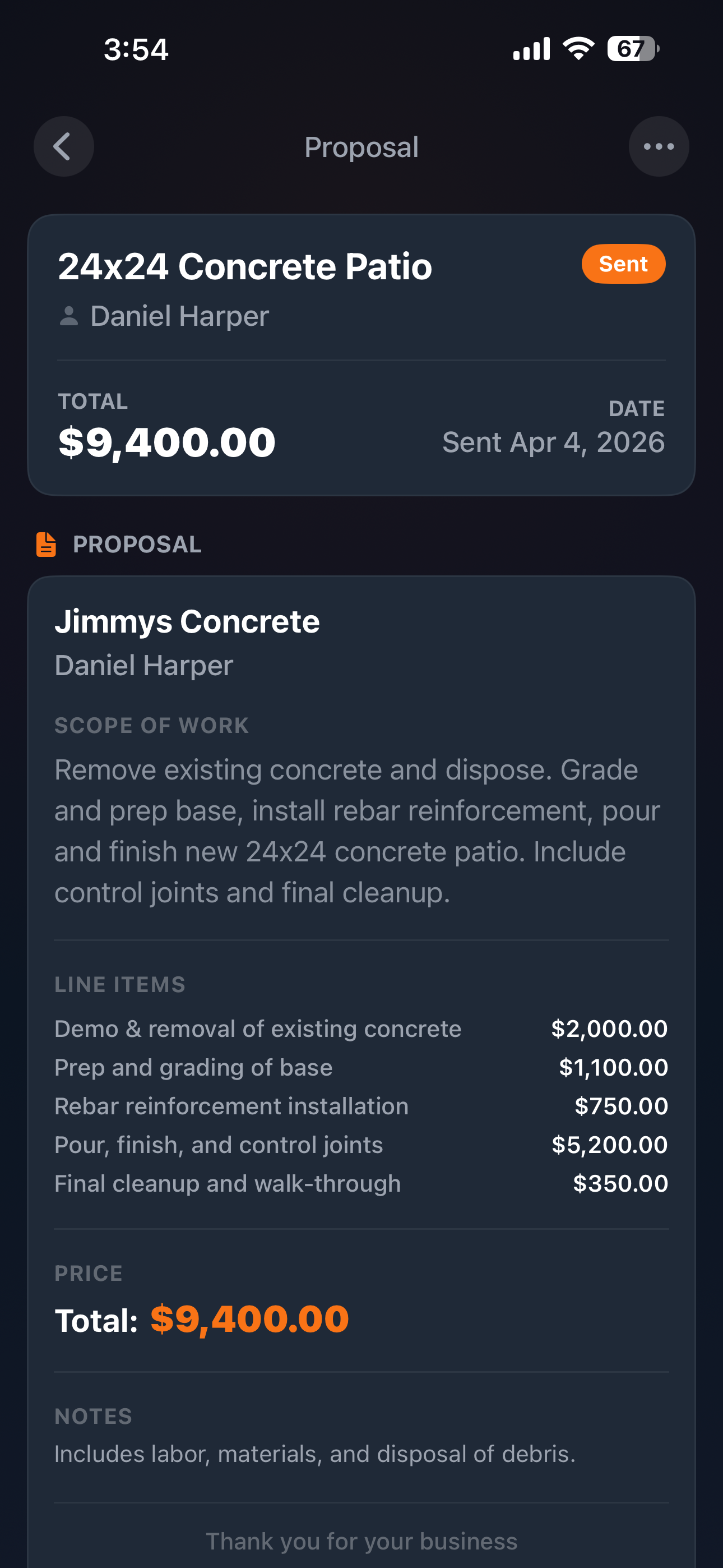 Quote breakdown showing reviewed and edited proposal