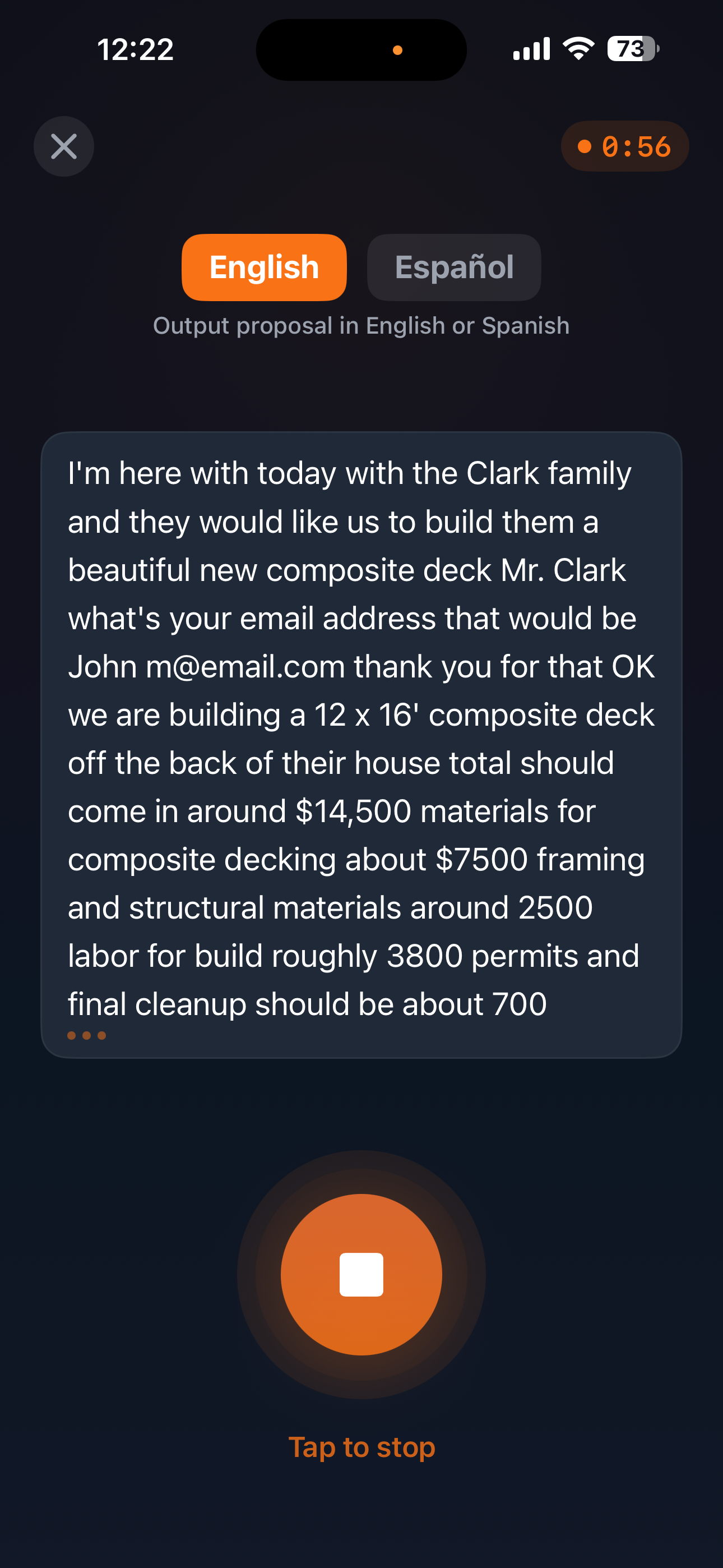 QuoteBuddy voice recording screen showing waveform, transcript, and record button