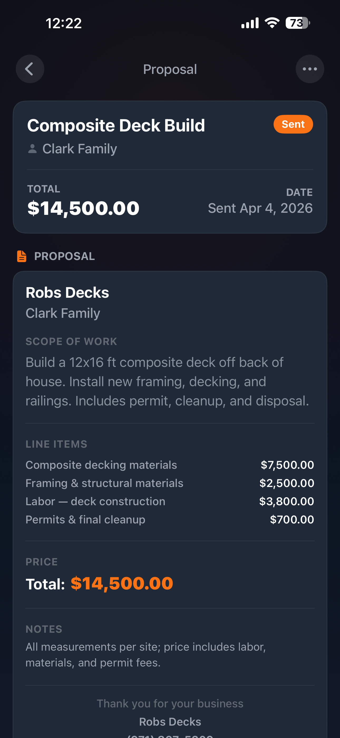 Quote breakdown showing reviewed and edited proposal