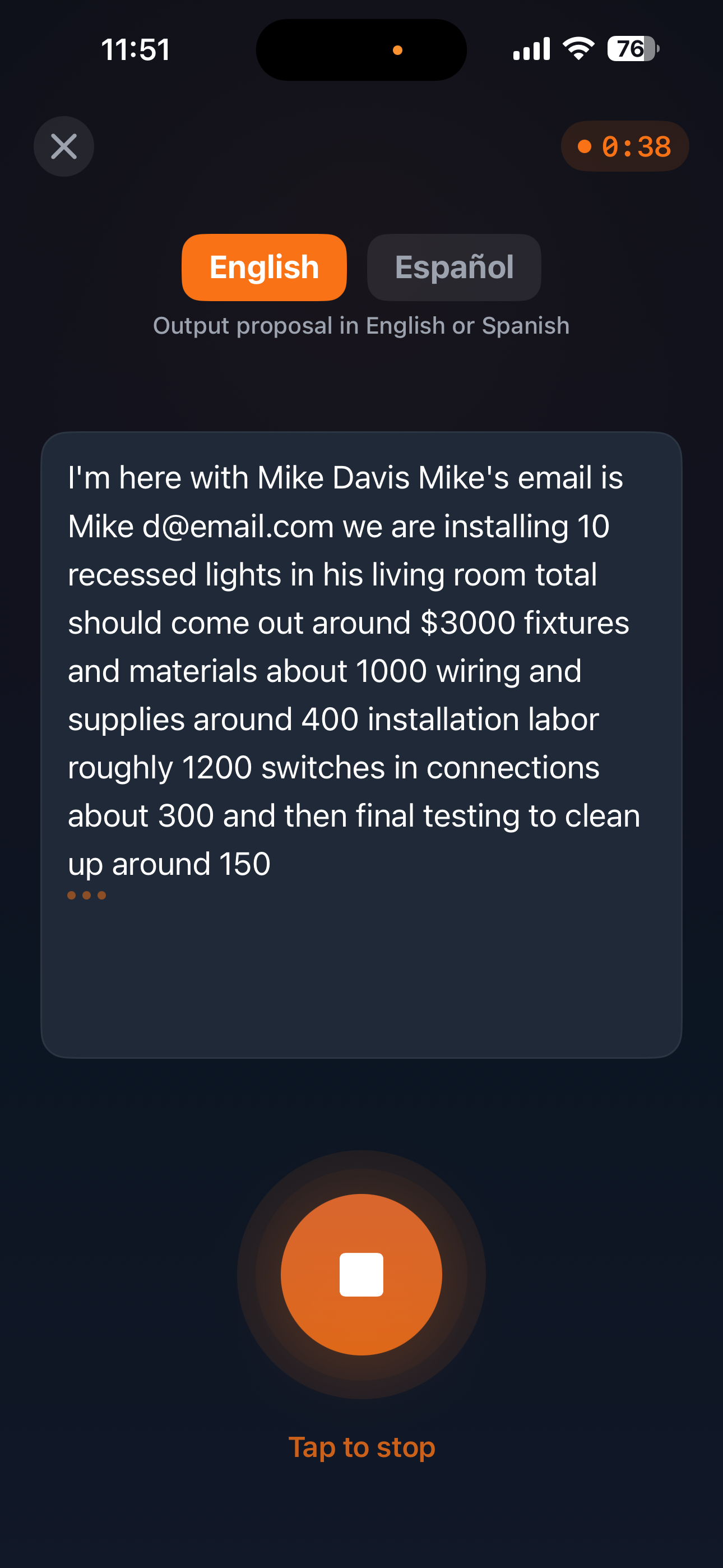 QuoteBuddy voice recording screen showing waveform, transcript, and record button