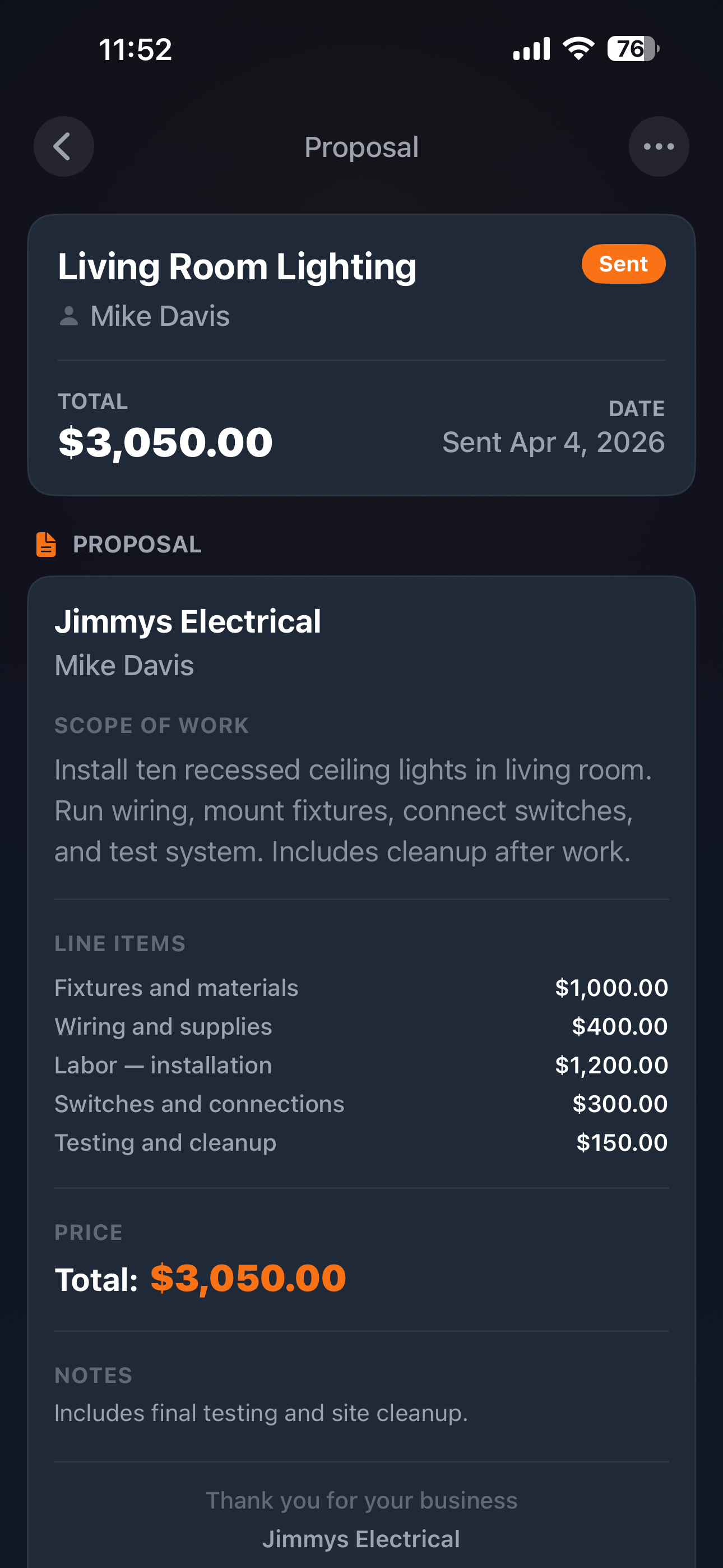 Quote breakdown showing reviewed and edited proposal