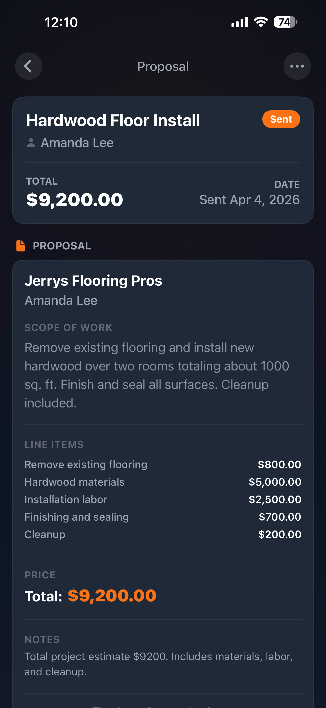 Quote breakdown showing reviewed and edited proposal