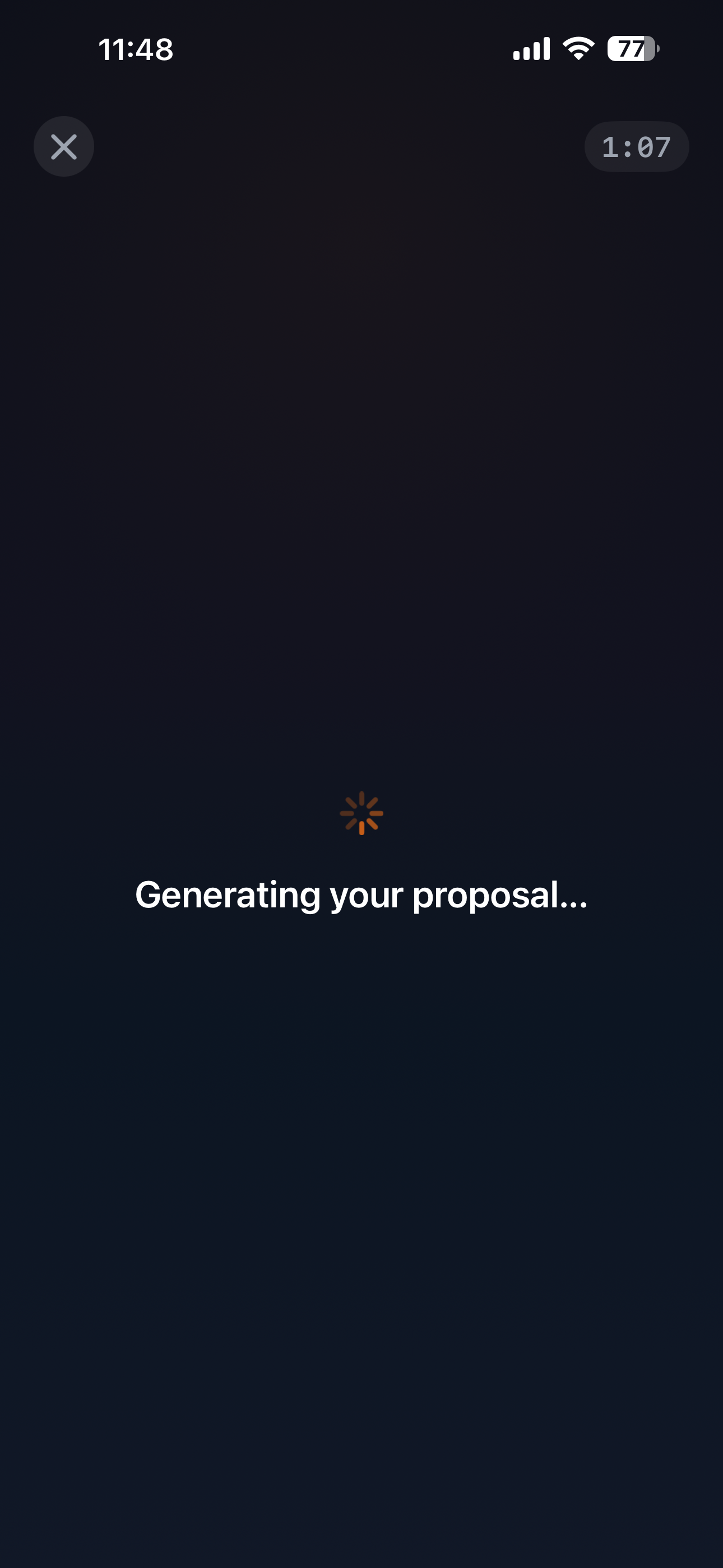 QuoteBuddy generating proposal screen showing AI building the quote