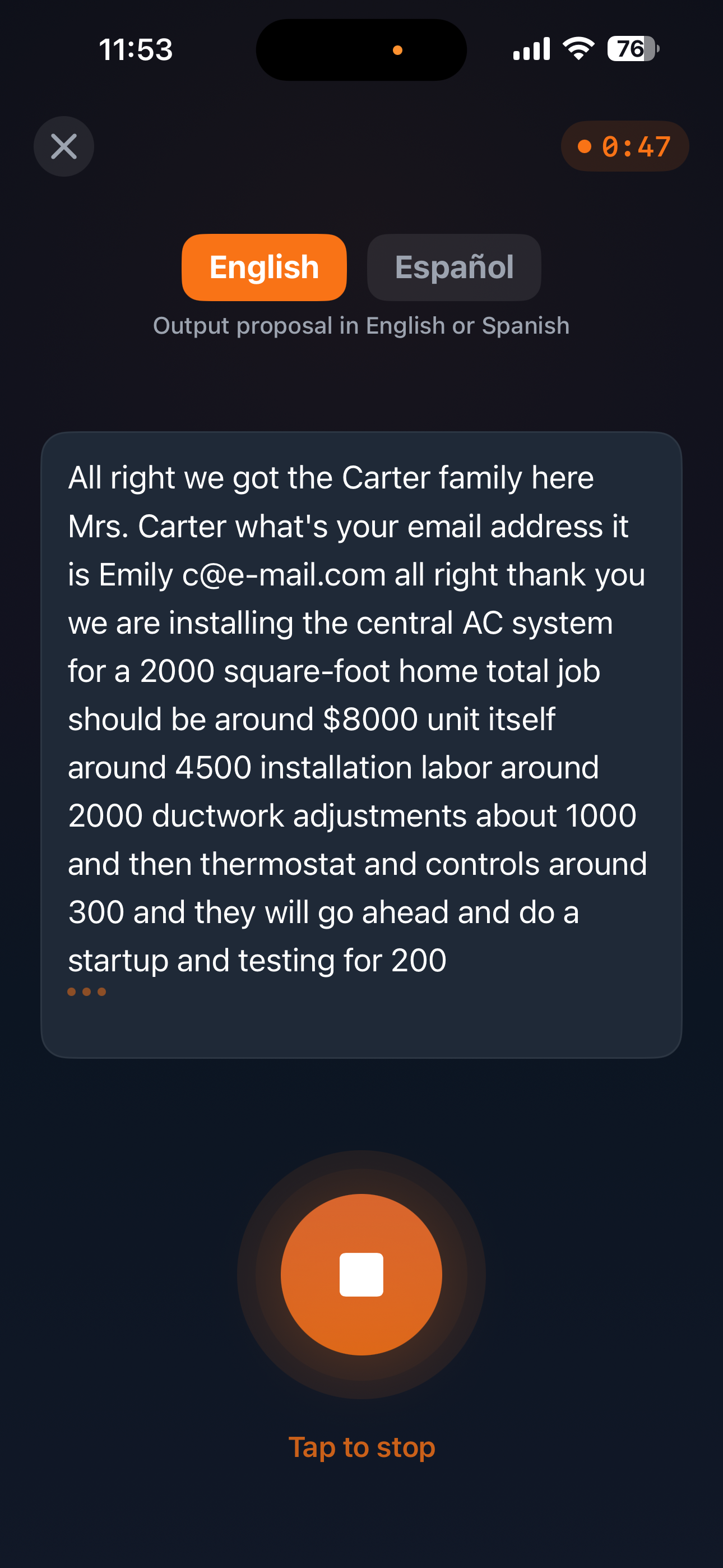 QuoteBuddy voice recording screen showing waveform, transcript, and record button