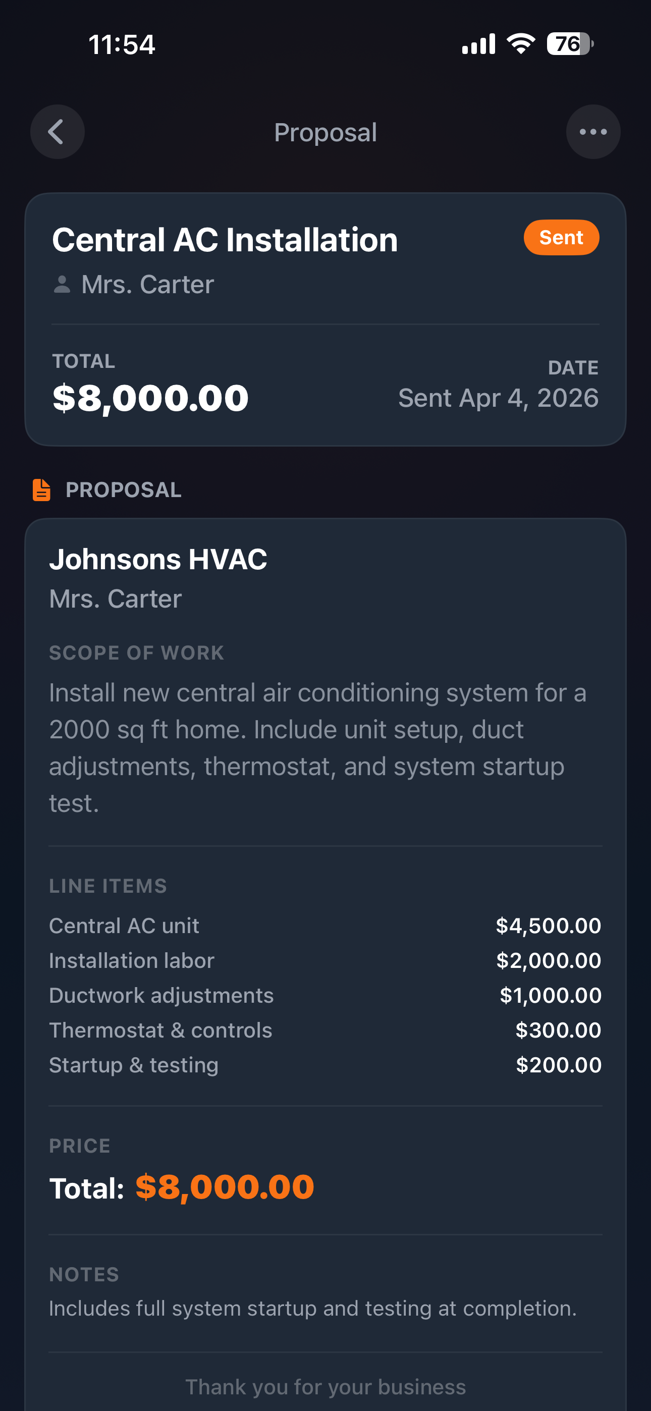 Quote breakdown showing reviewed and edited proposal