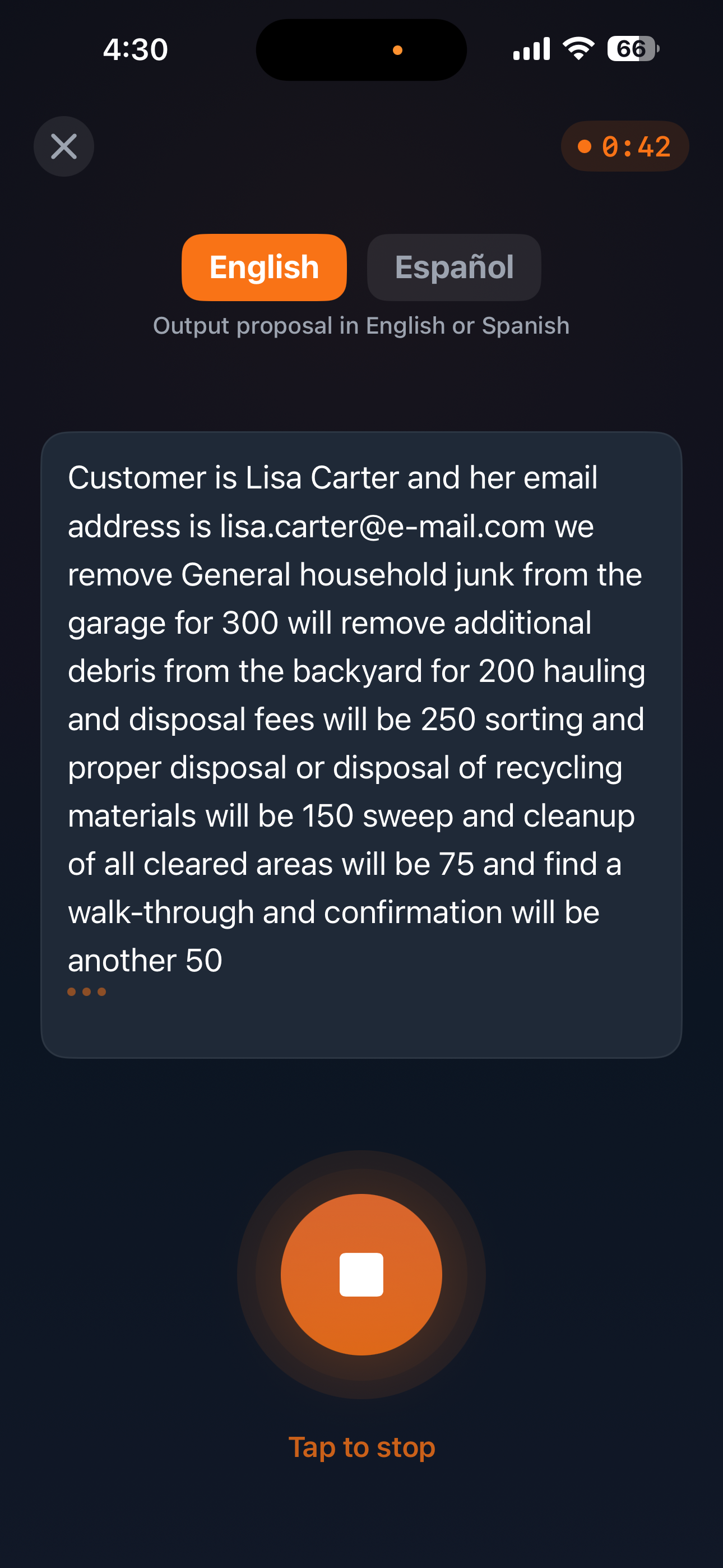 QuoteBuddy voice recording screen showing waveform, transcript, and record button