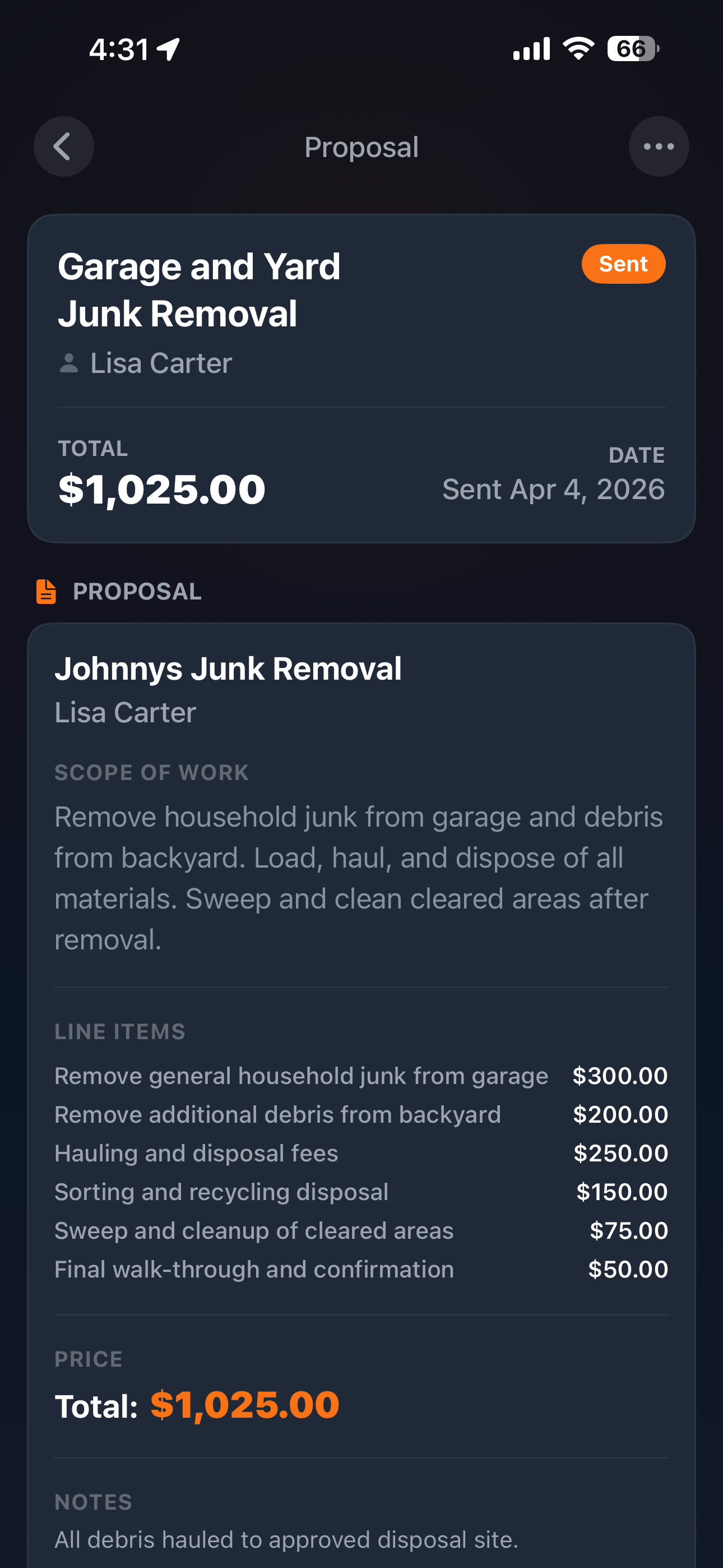 Quote breakdown showing reviewed and edited proposal