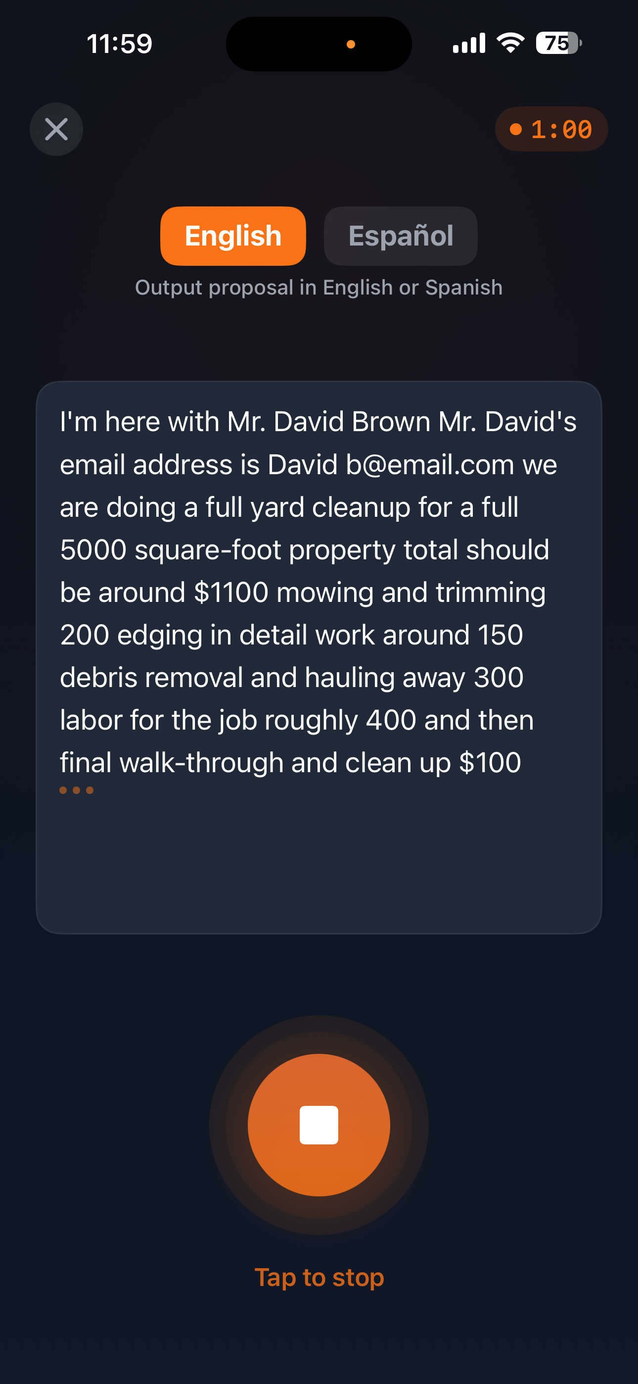 QuoteBuddy voice recording screen showing waveform, transcript, and record button