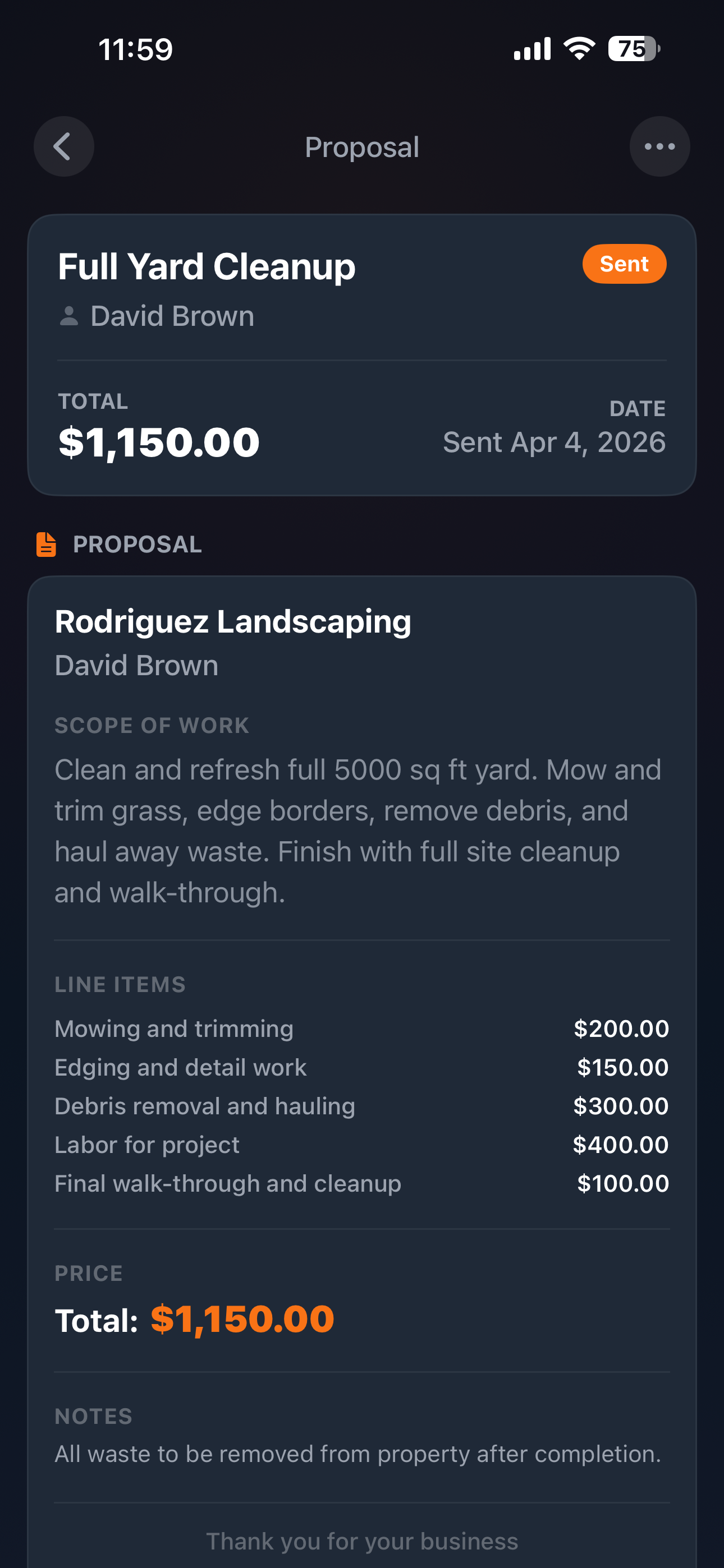 Quote breakdown showing reviewed and edited proposal