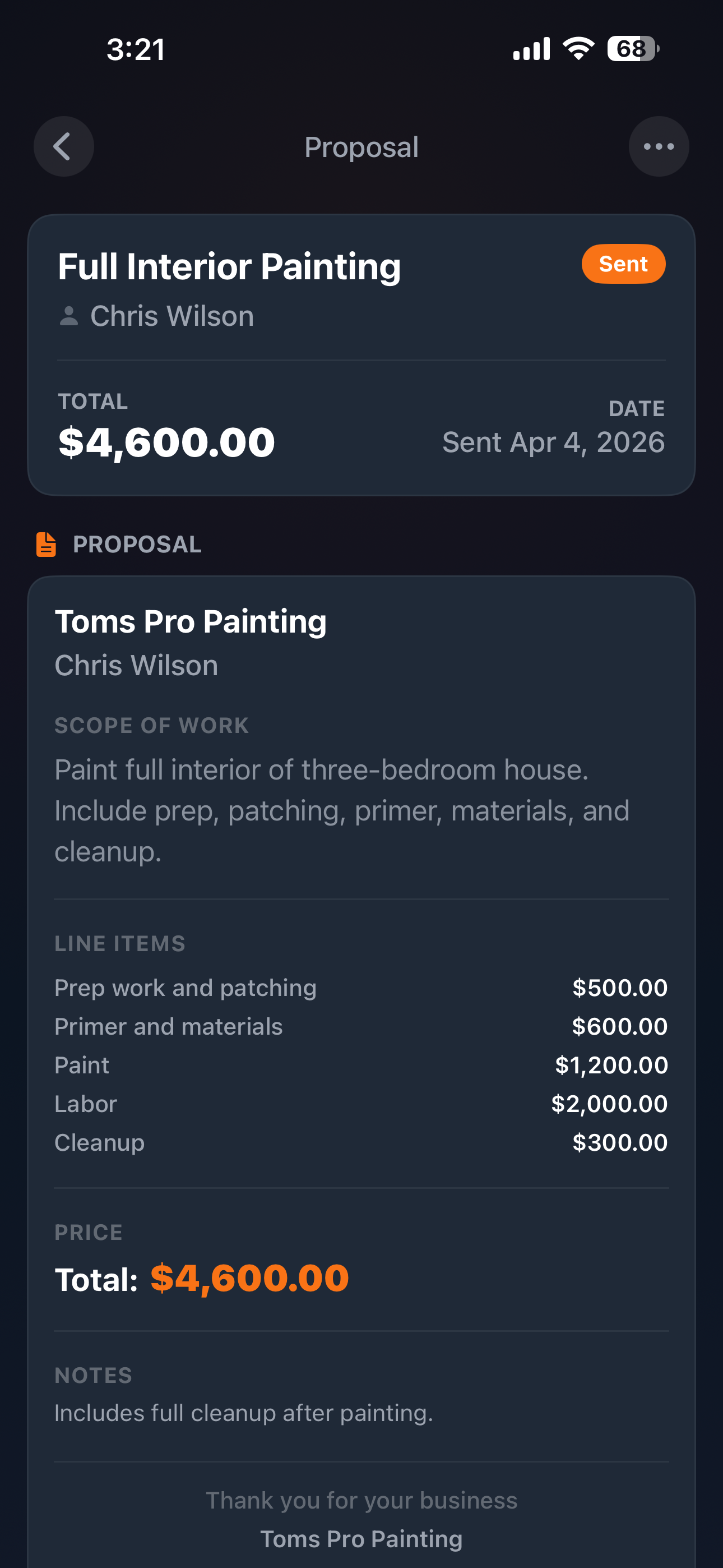 Quote breakdown showing reviewed and edited proposal