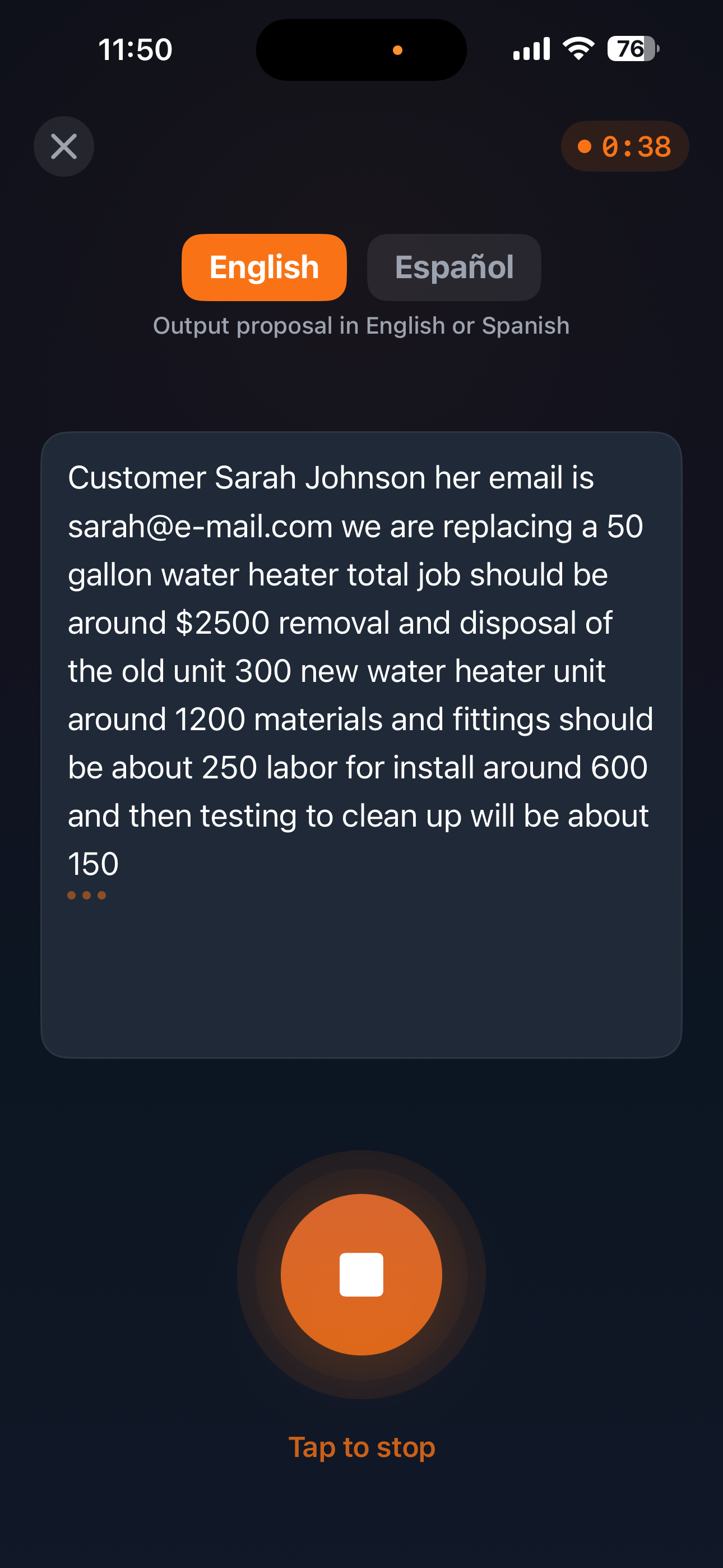 QuoteBuddy voice recording screen showing waveform, transcript, and record button