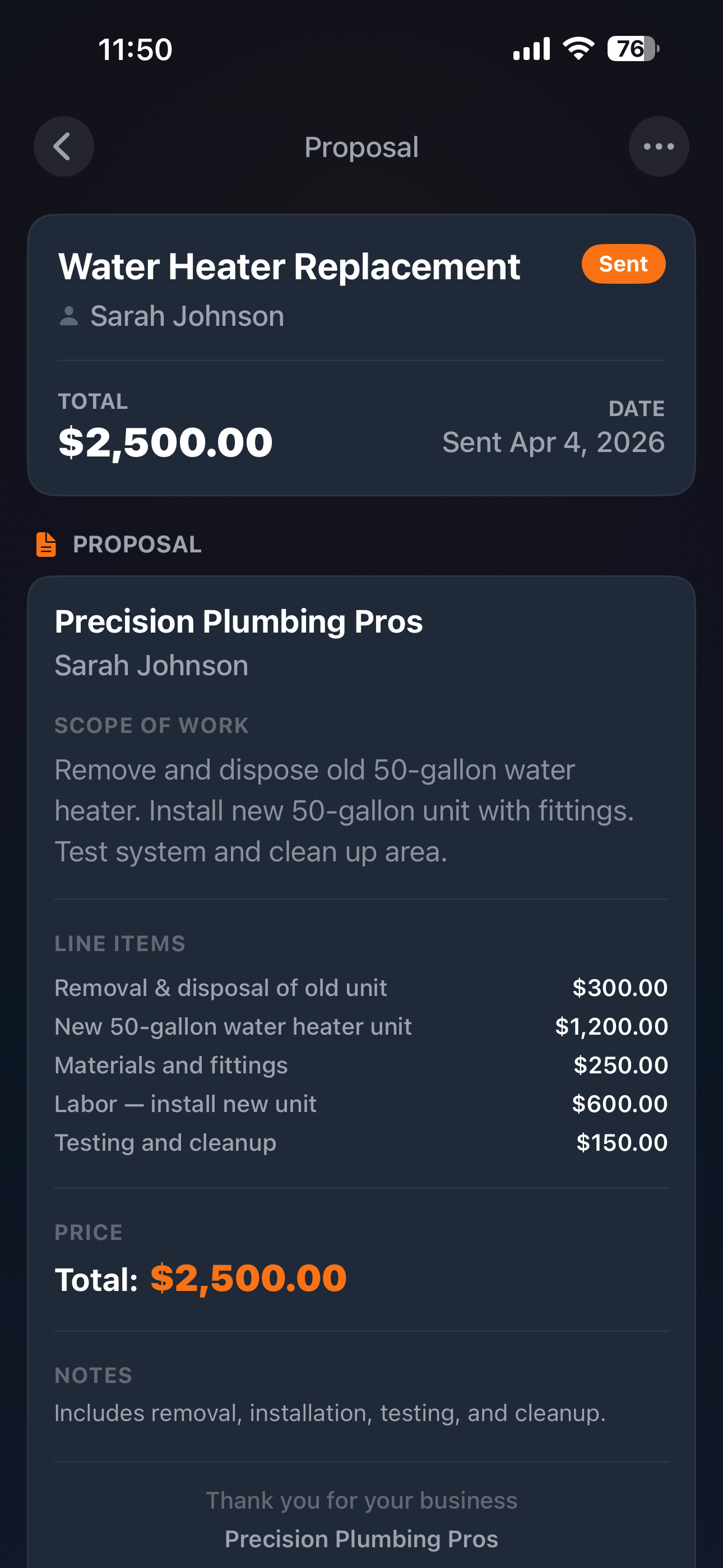 Quote breakdown showing reviewed and edited proposal