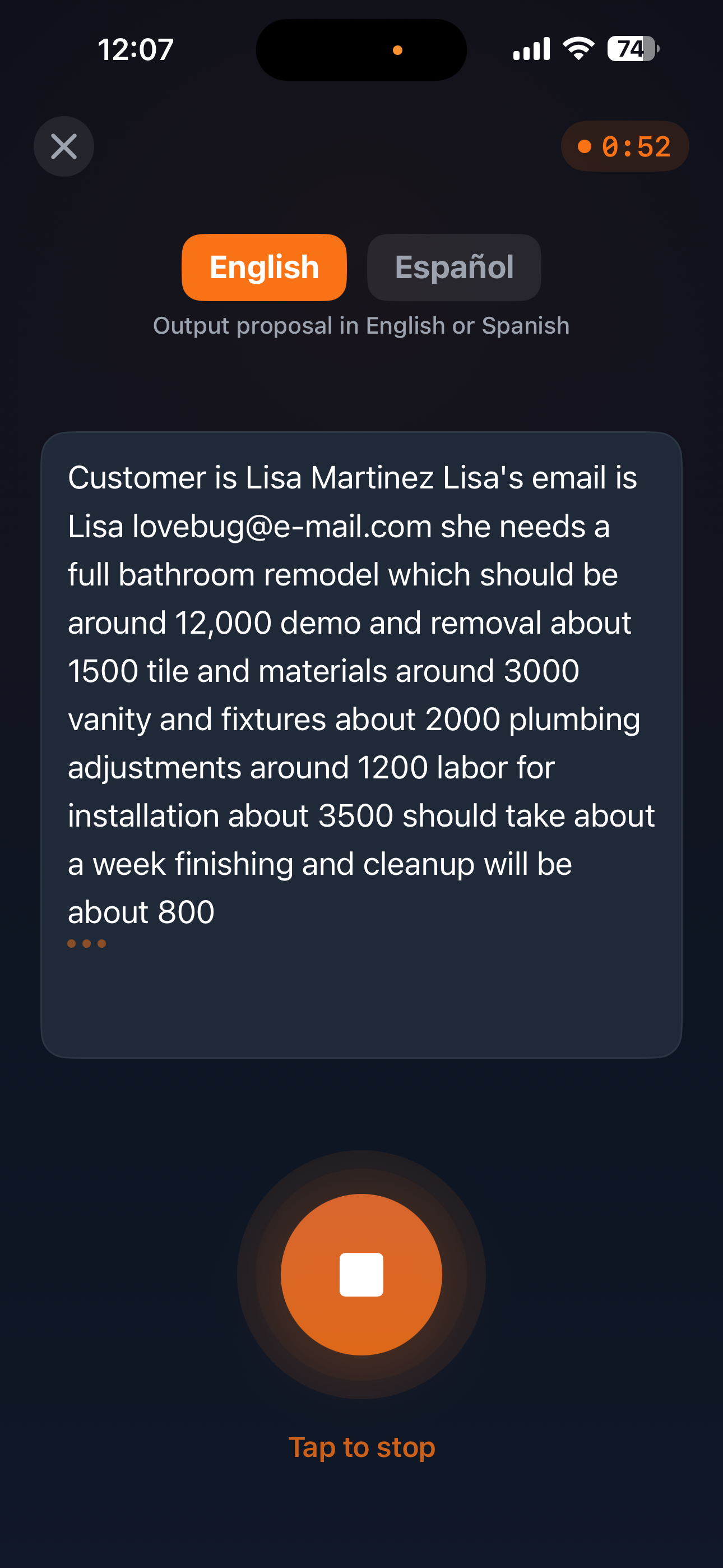 QuoteBuddy voice recording screen showing waveform, transcript, and record button