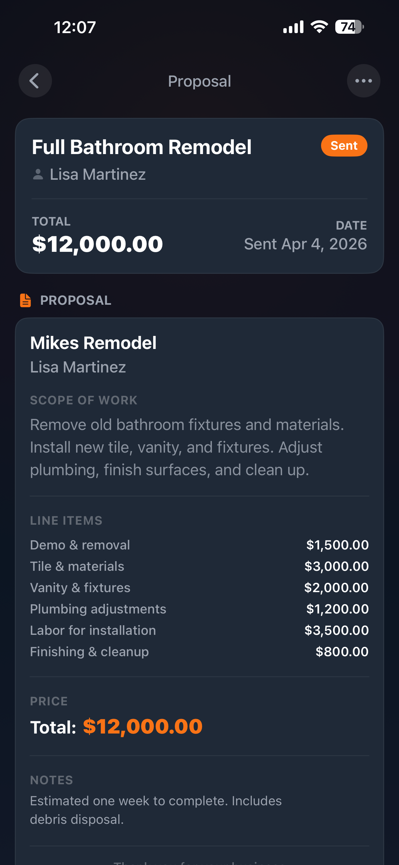 Quote breakdown showing reviewed and edited proposal