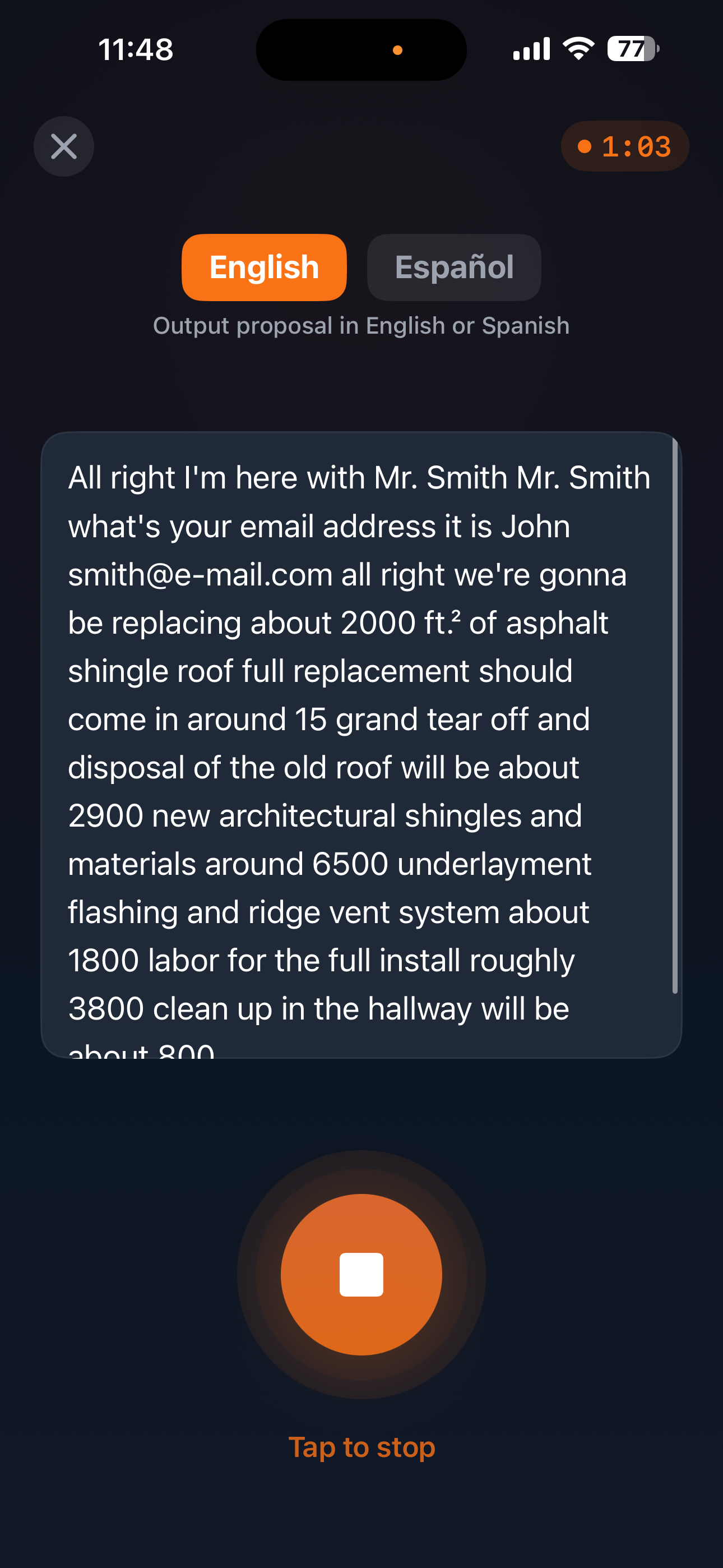 QuoteBuddy voice recording screen showing waveform, transcript, and record button