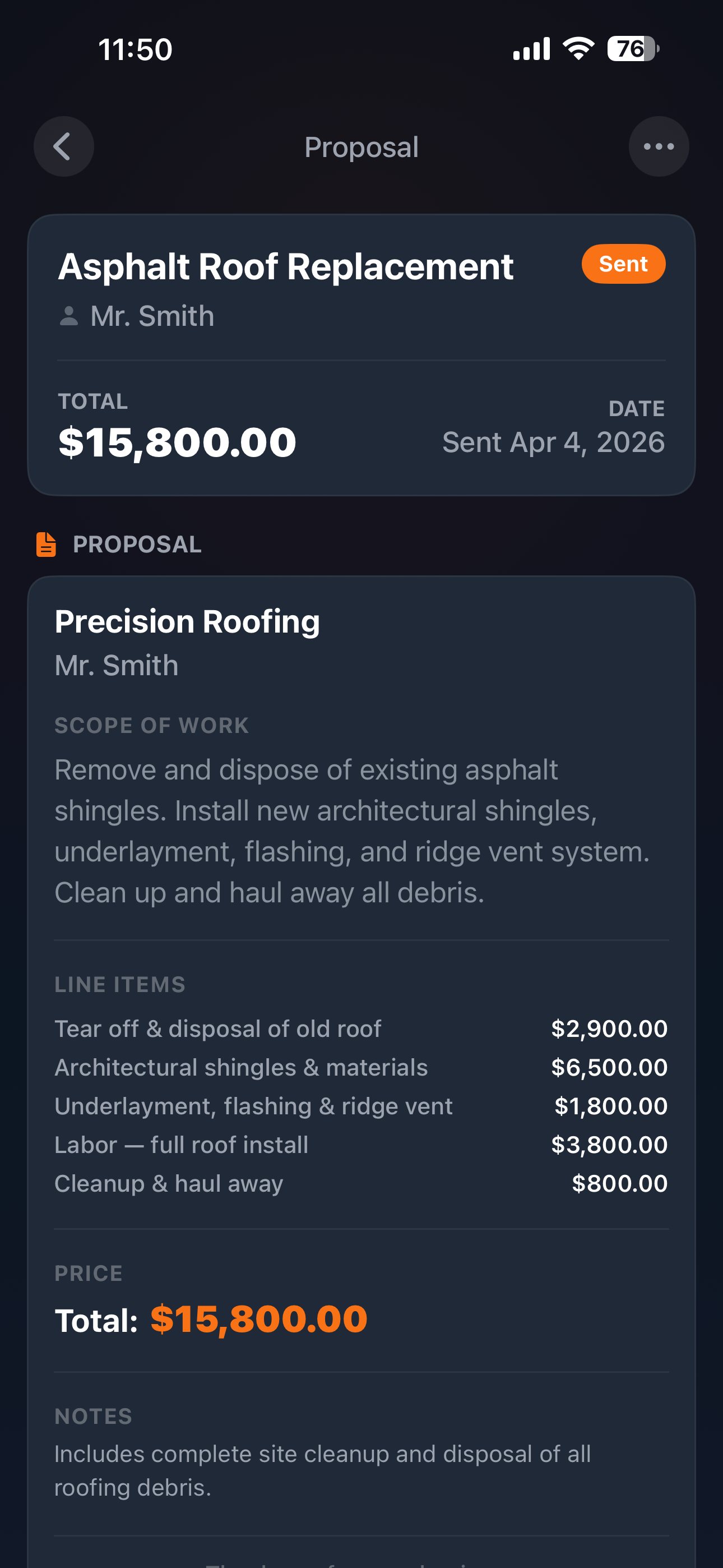 Quote breakdown showing reviewed and edited proposal