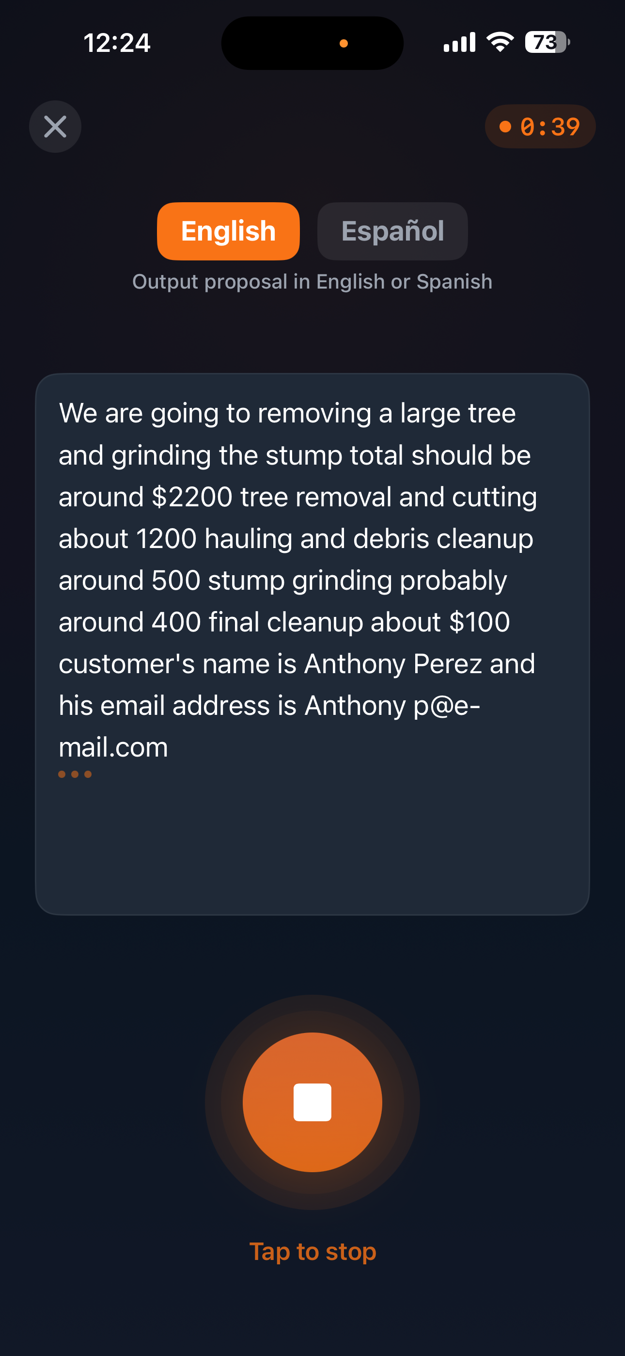 QuoteBuddy voice recording screen showing waveform, transcript, and record button