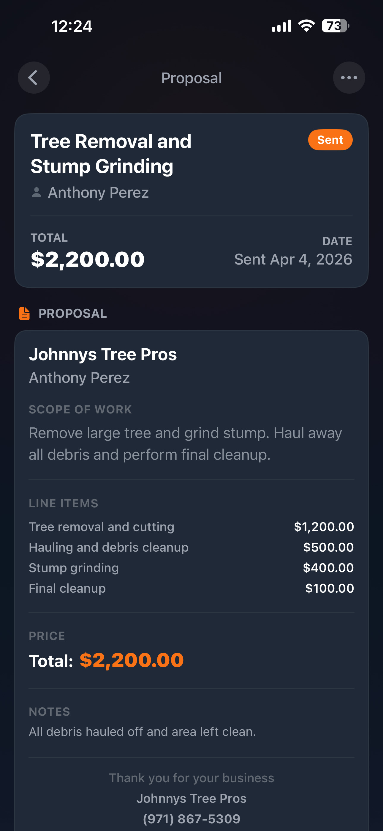 Quote breakdown showing reviewed and edited proposal