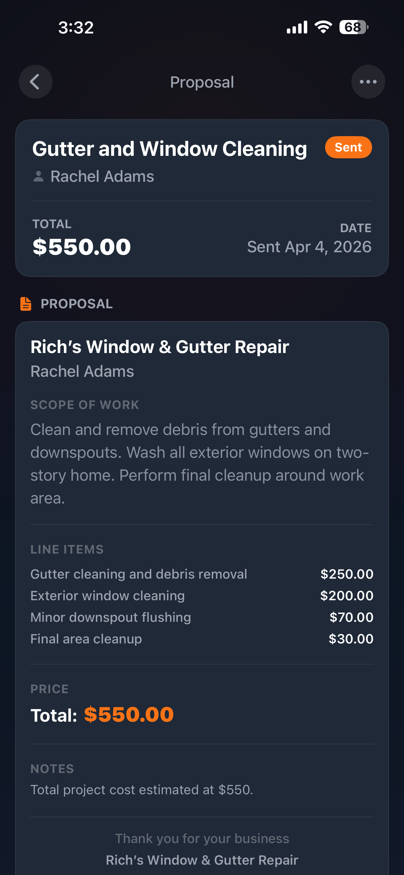 Quote breakdown showing reviewed and edited proposal